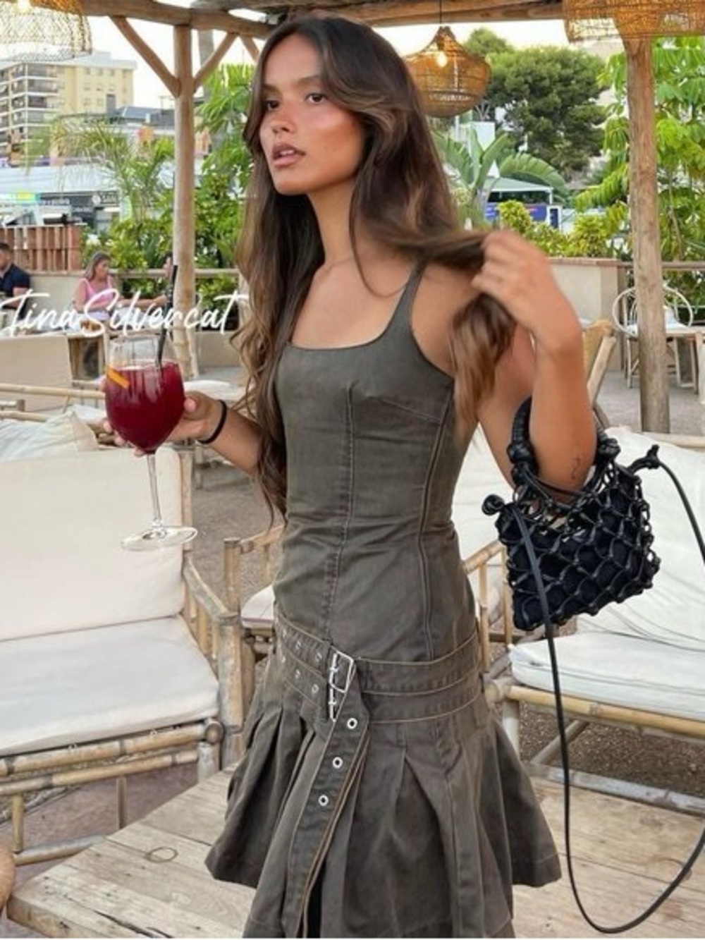 Zara Brown Wax Buckle Strap Pleated Mini Dress with Grommet Belt